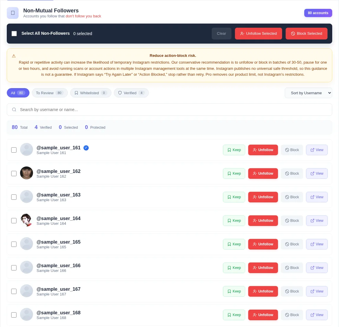 Non-follower list with Keep, Unfollow and Block buttons