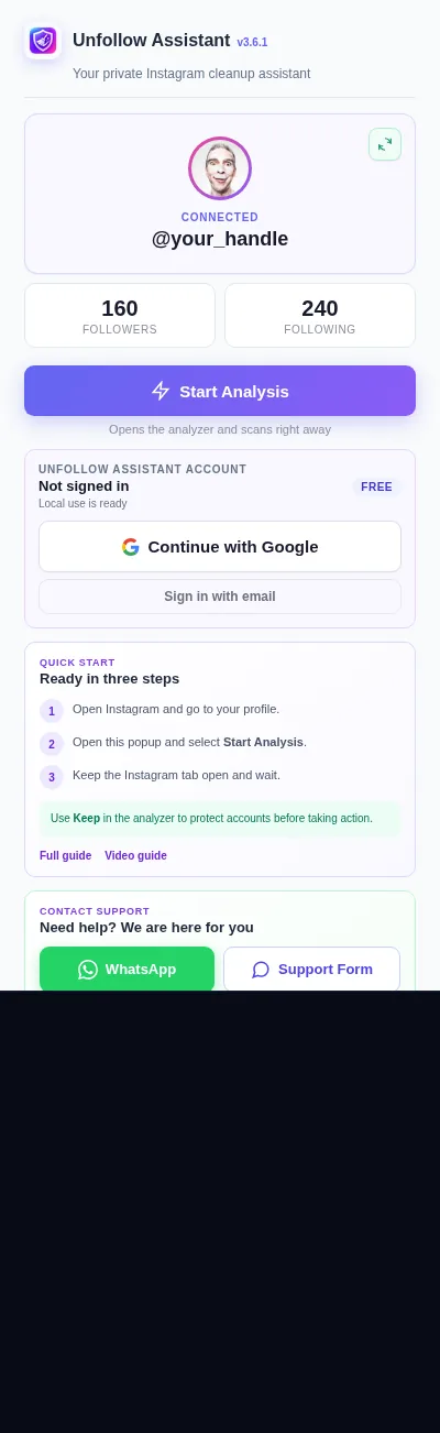 Unfollow Assistant popup with Start Analysis