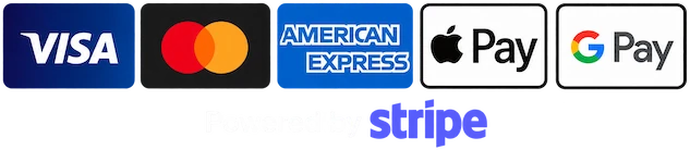 Visa, Mastercard, American Express, Apple Pay, Google Pay. Powered by Stripe